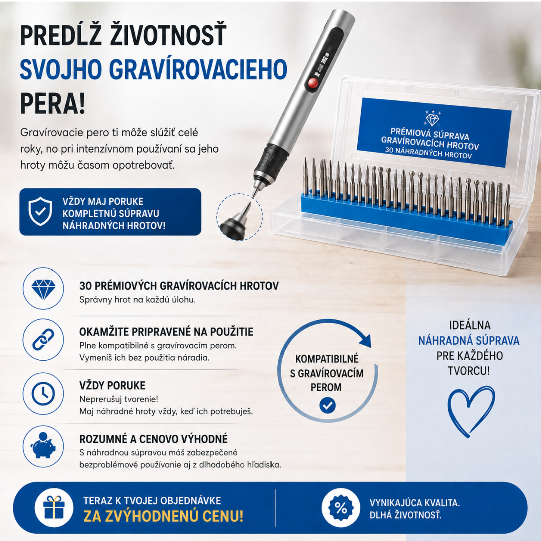 Prémiová súprava extra gravírovacích hrotov (30 ks) – pre ešte dlhšie tvorenie.