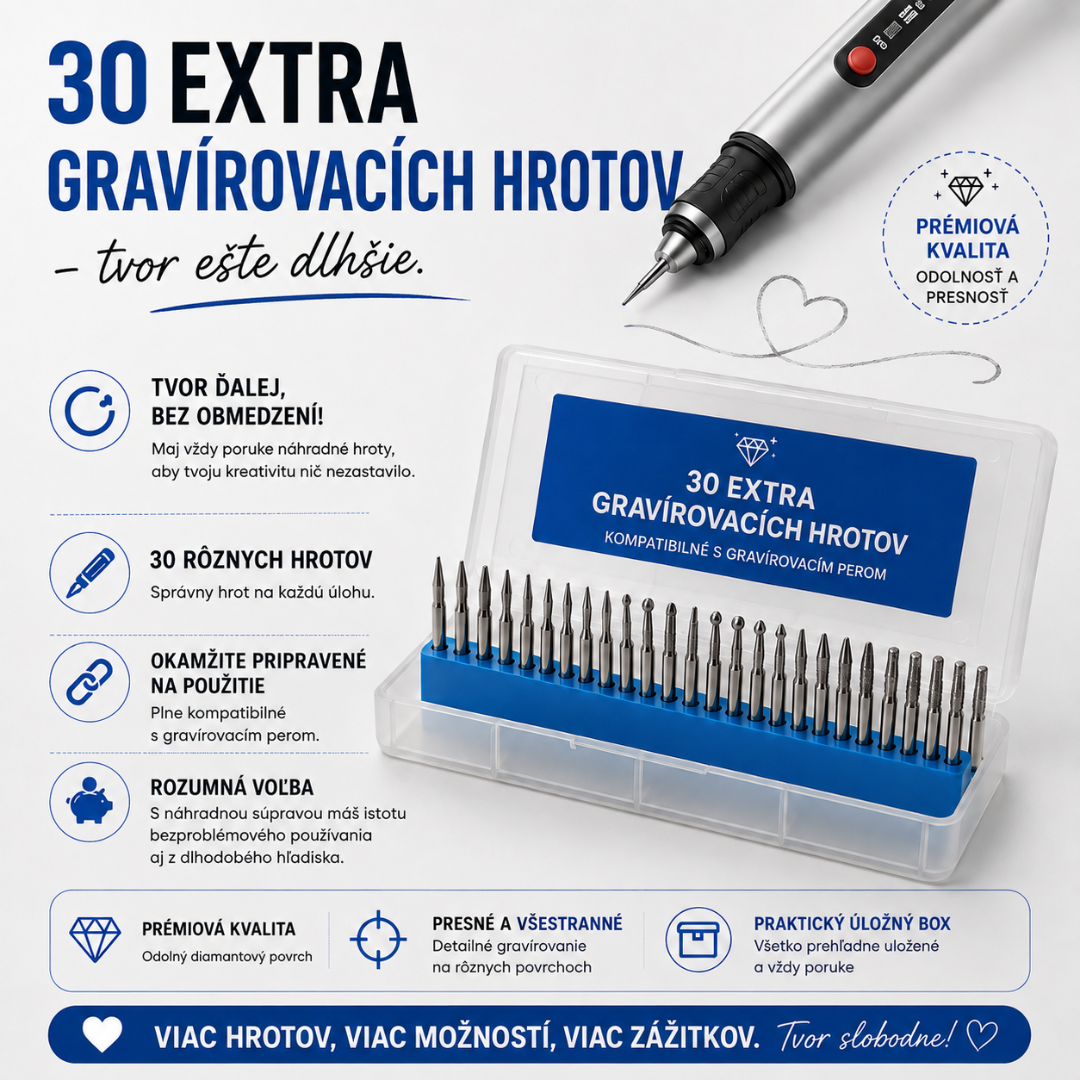 Prémiová súprava extra gravírovacích hrotov (30 ks) – pre ešte dlhšie tvorenie.