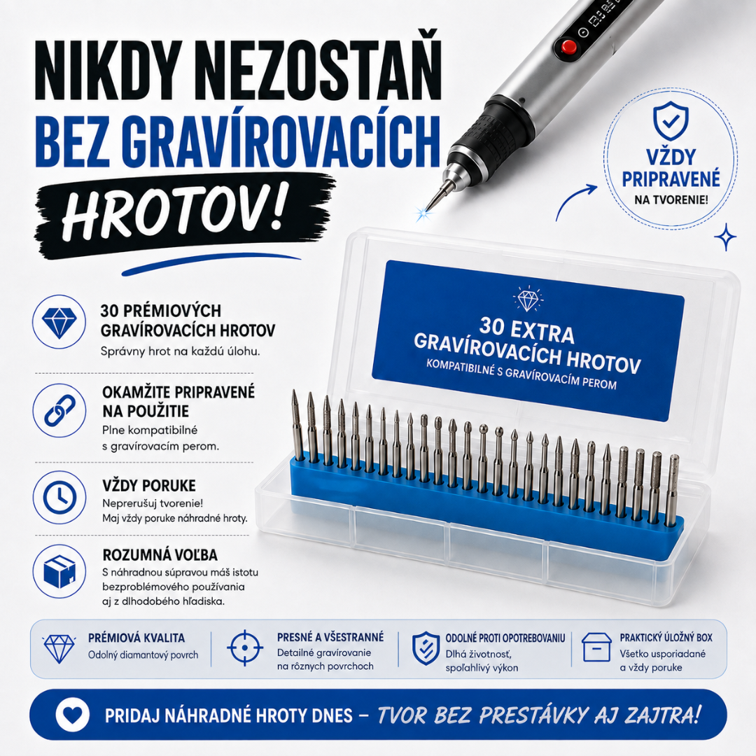 Prémiová súprava extra gravírovacích hrotov (30 ks) – pre ešte dlhšie tvorenie.